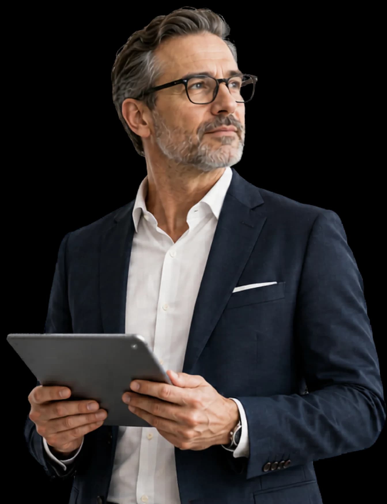 A senior tax practitioner reviewing a client matter on a tablet.